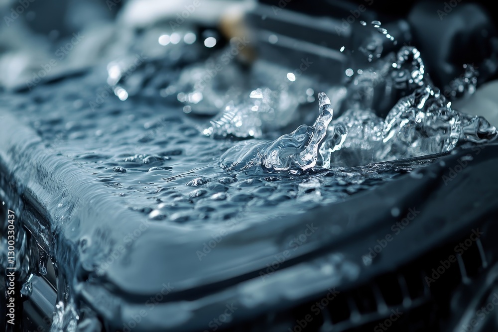 Poster water splashing over dark surface creating transparent dynamic textures.