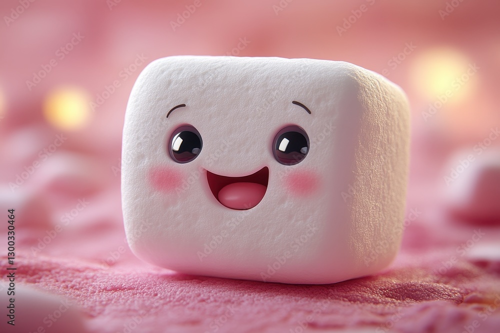 Poster cheerful marshmallow with a smiling face on a soft pink surface surrounded by other marshmallows