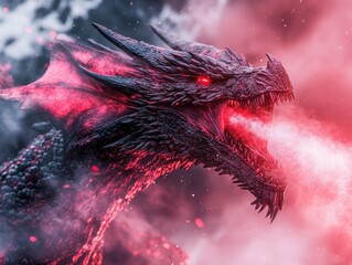 Majestic dark dragon breathing smoky fire in a fantasy realm landscape