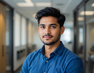 Obraz premium millennial 30s Indian man dressed in casual blue shirt posing indoor. Profile picture of office employee