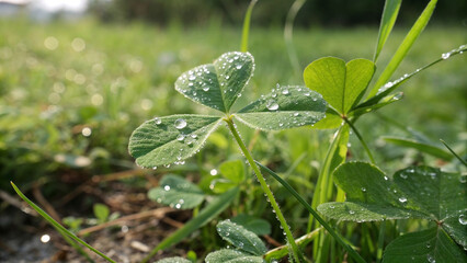 Dew-covered shamrock leaves glistening in the morning sunlight for St. Patrick's Day.