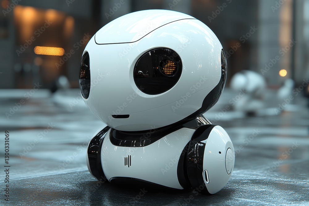 Poster silvery robot designed for interaction exploring modern technology in a futuristic urban setting