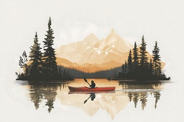 A serene watercolor illustration depicts a lone kayaker exploring the tranquil waters of a mountain lake, framed by a striking silhouette of pine trees and distant peaks under a warm, glowing sky