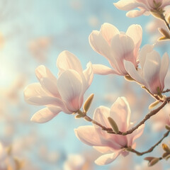 Obraz premium A breathtaking close-up of magnolia blossoms in full bloom, bathed in soft spring light. Part of a serene floral photography series capturing nature’s delicate beauty in pastel tones.