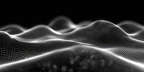 Abstract Digital Waves with Light Dots on Black Background