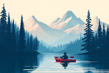 Kayaking on a serene lake with mountain backdrop A tranquil outdoor adventure in nature