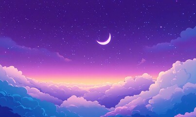 beautiful night sky with a crescent moon and stars, a dreamy purple background, white clouds, a blue gradient sky, a glowing starry sky, a fantasy background