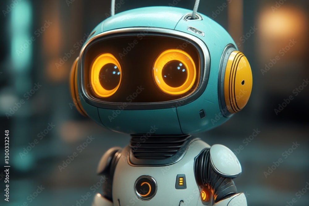 Poster friendly robot with bright eyes and intricate design standing in a futuristic environment