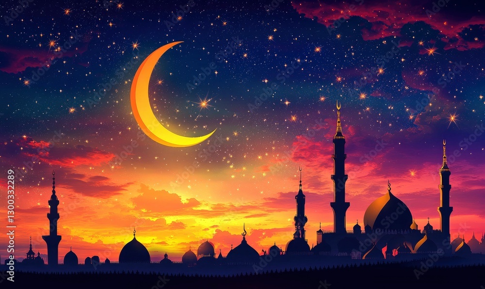 Poster the crescent moon and the stars in the sky, ramadan kareem theme background with copy space for text