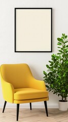 Bright yellow chair accompanied by a lush green plant creating a vibrant and inviting atmosphere in a room