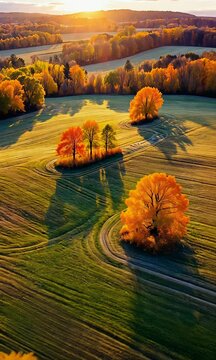 Aerial vertical view of autumn prairie with golden fields, rolling hills, fall foliage, amber grasses, scattered trees, and dramatic sky, captured by drone.