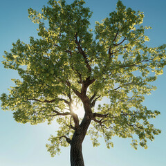 Obraz premium Spring oak tree series: A majestic oak tree with lush green leaves against a bright blue sky. Sunlight filters through the branches, creating a vibrant natural atmosphere. Part of a themed collection.