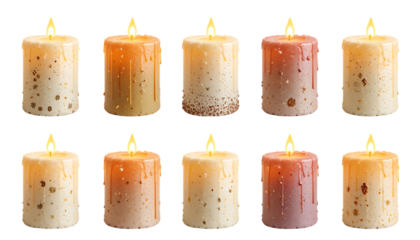Collection of pillar candles with flames illuminated isolated on png
