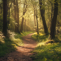 Obraz premium A peaceful forest path bathed in golden morning light. Sunbeams filter through the trees, creating a serene and mystical atmosphere—perfect for nature lovers, meditation, and scenic landscapes.