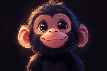 Cute young monkey with large expressive eyes smiling at the camera in a playful setting