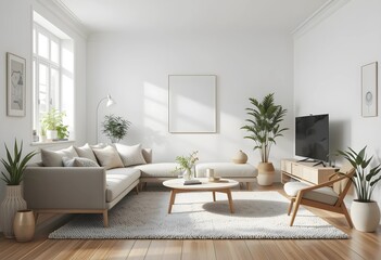 Fototapeta premium Modern Scandinavian living room with a cozy sofa, mid-century furniture, wooden floor, white walls, and home plants. Minimalist design with a warm, inviting atmosphere.