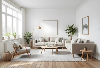 Modern Scandinavian living room with a cozy sofa, mid-century furniture, wooden floor, white walls, and home plants. Minimalist design with a warm, inviting atmosphere.