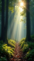 Obraz premium Sunlight dapples forest floor, mist hangs low, dew, trees, wild