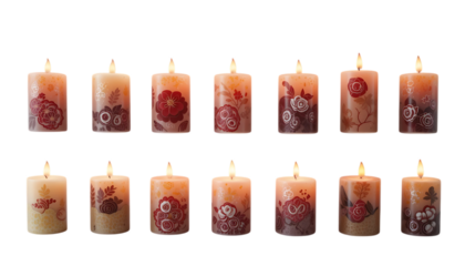 Collection of pillar candles with flames illuminated isolated on png