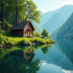 A tranquil lake with a small wooden cottage in the background, reflection, in the background, tranquil