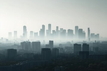 Fototapeta premium Silhouetted skyline of a city enveloped in morning fog over urban landscape