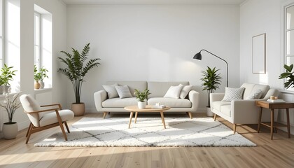Modern Scandinavian living room with a cozy sofa, mid-century furniture, wooden floor, white walls, and home plants. Minimalist design with a warm, inviting atmosphere.