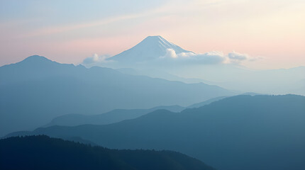 Fototapeta premium Serene Hazy Blue Mountain Range with Mount Fuji - Scenic Japanese Sunrise