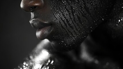 Extreme close-up of bicep peak contraction, dramatic side lighting highlighting muscle striations, monochromatic background, beads of sweat catching light
