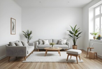 Modern Scandinavian living room with a cozy sofa, mid-century furniture, wooden floor, white walls, and home plants. Minimalist design with a warm, inviting atmosphere.
