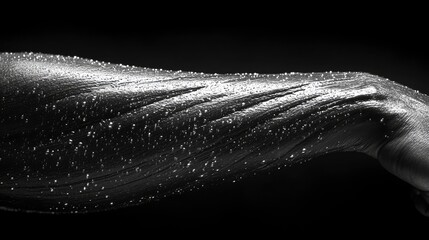 Extreme close-up of bicep peak contraction, dramatic side lighting highlighting muscle striations, monochromatic background, beads of sweat catching light