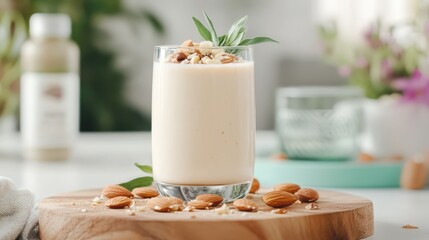 Nourishing Almond Smoothie: A refreshing, creamy almond smoothie, beautifully presented in a clear glass, adorned with a garnish of nuts and fresh sprigs.