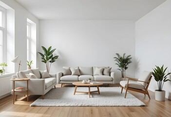 Modern Scandinavian living room with a cozy sofa, mid-century furniture, wooden floor, white walls, and home plants. Minimalist design with a warm, inviting atmosphere.