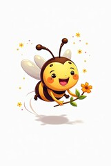 Cartoon cute yellow smiling bee with flowers standing alone on a white background