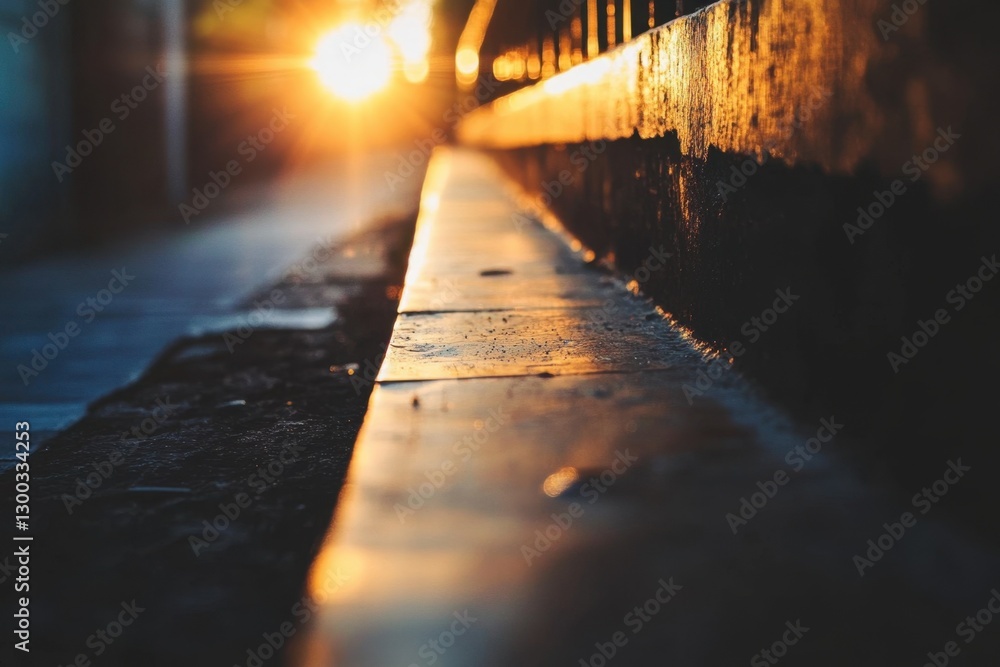 Poster a stunning sunset light reflects on a pathway, creating a warm and inviting atmosphere. the soft foc