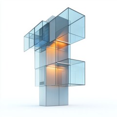 Obraz premium A modern, abstract structure featuring glass cubes stacked in a geometric design, illuminated from within, showcasing contemporary architecture.