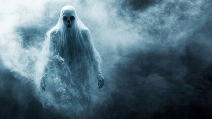 Ethereal apparition emerging from a misty realm of spectral shadows