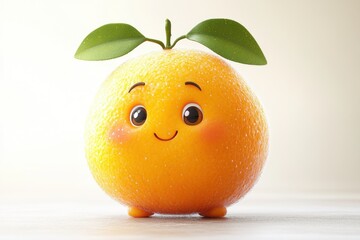 Cute orange character with smiling face and green leaves on top, creating a playful and cheerful atmosphere