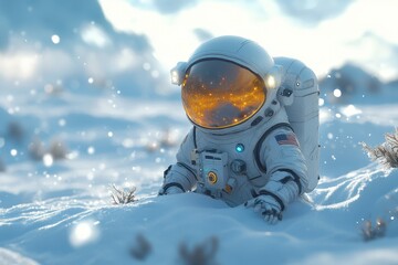 Astronaut exploring a snowy alien landscape with a glowing visor reflecting distant galaxies