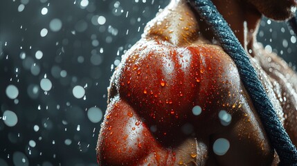 Anatomical detail of latissimus dorsi during pull-up, sweat droplets creating natural highlights, industrial gym setting