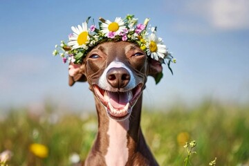 Sunny daylight. Cute baby dog greyhound wearing primal flower circlet on its head. Vacation time happiness. Boho-style floral wreath for pets. Nature-loving dog in the sun. Happy little pupp.
