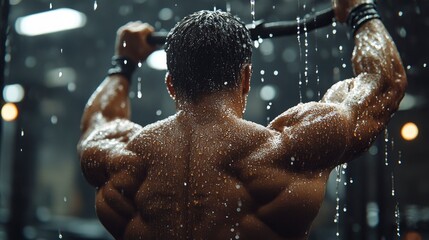 Anatomical detail of latissimus dorsi during pull-up, sweat droplets creating natural highlights, industrial gym setting