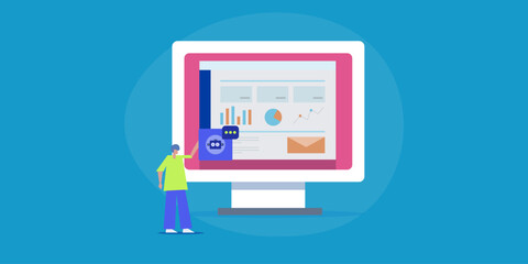 Virtual AI chatbot providing business data and financial report to company person on dashboard screen, helping to understand campaign performance.