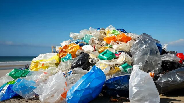 Large Pile of Plastic Waste on Beach Ocean Pollution and Environmental Impact