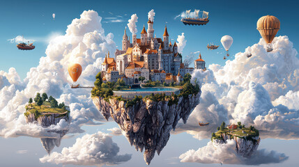Obraz premium majestic fantasy castle floats among clouds, surrounded by airships and hot air balloons, creating whimsical and enchanting scene