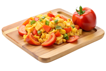 Ackee and vegetable dish on wooden board - A colorful Jamaican ackee dish with chopped tomatoes, bell peppers, and fresh ingredients, served on a wooden cutting board.  
