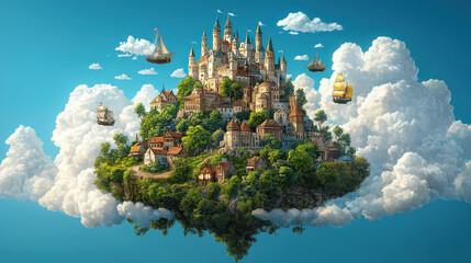 fantasy anime kingdom castle floats in sky surrounded by clouds and airships, creating magical and whimsical atmosphere