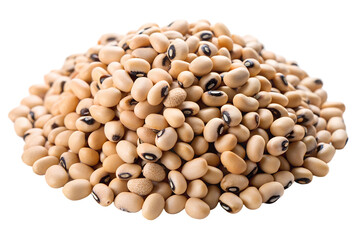 Fototapeta premium Heap of dry black-eyed peas isolated - Close-up of a pile of dry black-eyed peas with beige color and distinctive black spots, isolated on a white background. 