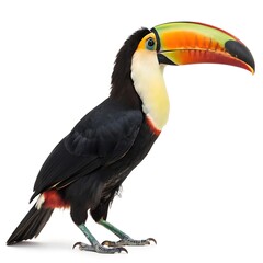 toucan with its bright, colorful beak, featuring a mix of orange, yellow, and green hues, set against a soft white backdrop
