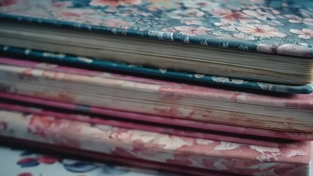 Stacked floral journals with intricate designs resting on a patterned surface, creating a serene atmosphere