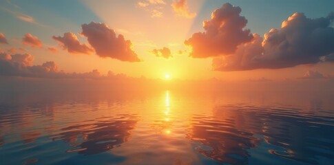 Obraz premium Golden hues paint the sky, calm sea reflects dawn's glow , bright, holiday